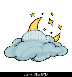 Illustration vectorielle mignonne d'un nuage moelleux avec un croissant de lune et des étoiles étincelantes Illustration de Vecteur