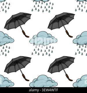 Modèle vectoriel sans couture avec des parapluies de bande dessinée et des nuages pluvieux pour la conception météo d'automne Illustration de Vecteur