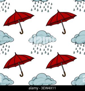 Modèle vectoriel sans couture avec des parapluies rouges et des nuages pluvieux, illustration météo d'automne Illustration de Vecteur