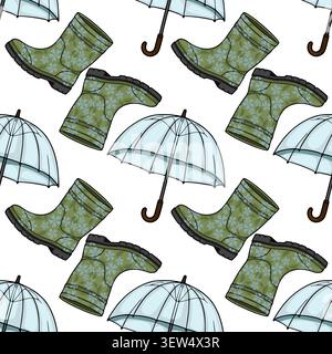 Modèle vectoriel sans couture avec bottes en caoutchouc floral et parapluies pour le temps de pluie d'automne Illustration de Vecteur