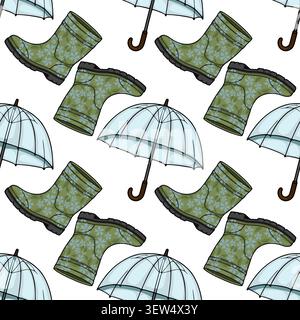 Modèle vectoriel sans couture avec bottes en caoutchouc floral et parapluies pour le temps de pluie d'automne Illustration de Vecteur