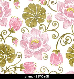 Motif sans couture floral rose aquarelle avec feuilles dorées et élégant ornement botanique Banque D'Images