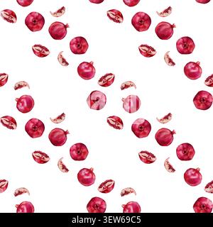 Motif sans couture avec fruit de grenade et grenade coupée en deux montrant des arilles rouges. Illustration à l'aquarelle dessinée à la main de la nourriture tropicale avec des fleurs sur Banque D'Images
