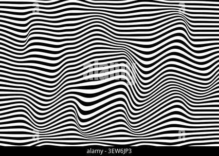 Un fond abstrait moderne avec des lignes ondulées horizontales noires et blanches déformées qui créent une illusion d'optique dynamique et un sens du mouvement, p Banque D'Images