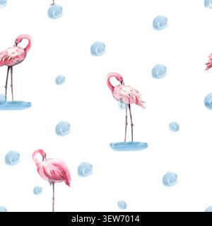 Motif de flamant rose. Bannière sans couture avec des flamants roses avec des taches bleues. Bordure sans couture de l'illustration de l'aquarelle des oiseaux tropicaux roses et des gouttes Banque D'Images