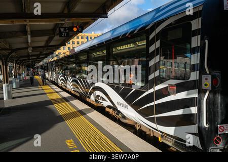 Le train de voyageurs Northern Explorer à un quai de gare, illustrant les voyages ferroviaires pittoresques et le tourisme de transport en commun. Banque D'Images