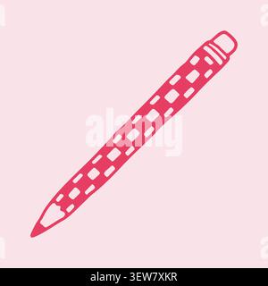 Illustration vectorielle dessinée à la main d'un crayon à carreaux rose avec gomme. Outil de papeterie mignon pour esquisser et dessiner. Accessoire scolaire esthétique dans Illustration de Vecteur