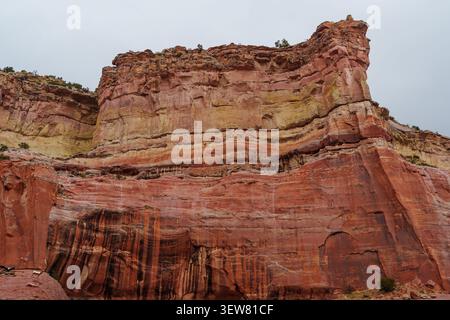 Falaises stratifiées de roches rouges en Arizona montrant des couches érodées de grès rouge, orange et brun avec une végétation clairsemée sur des bords accidentés Banque D'Images