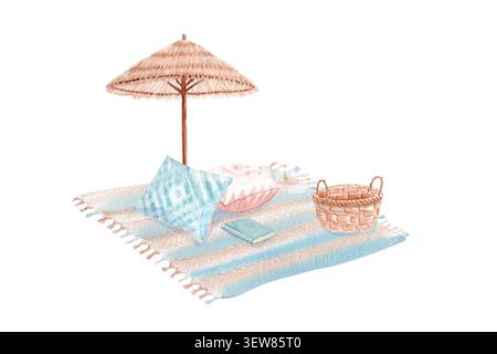 Composition de pique-nique de plage d'aquarelle, parapluie de paille, couverture, oreillers, panier, livre isolé sur blanc. Scène côtière peinte à la main, couleurs pastel pour Banque D'Images