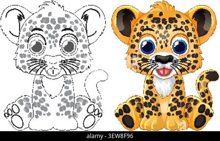 Illustration vectorielle d'un petit léopard assis dans des styles d'art de ligne colorés et noir et blanc. Illustration de Vecteur