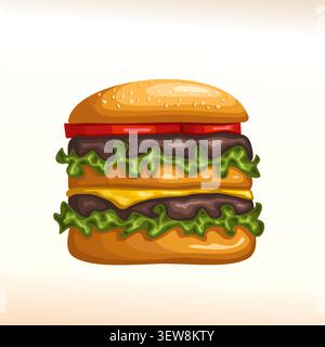 Logo vectoriel pour Big Burger, écriteau avec pain aux graines de sésame, viande de veau grillée patty, tranche de fromage cheddar, tranches de tomate, feuille de salade de laitue, dou Illustration de Vecteur