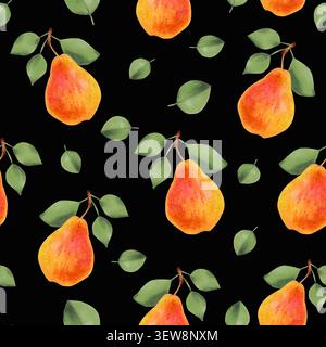 Modèle sans couture de poires avec des feuilles. Fond de fruit. Image botanique de produits sains biologiques pour l'emballage, le tissu et la conception de menu. Aquarelle Banque D'Images