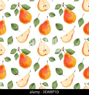 Motif aquarelle sans couture avec poires entières, tranches et feuilles. Dessiné à la main isolé Nourriture végétarienne et biologique. Fond fruité pour l'emballage Banque D'Images