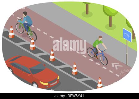 Illustration conceptuelle plate isométrique 3D de la piste cyclable, piste cyclable dans la rue de la ville Banque D'Images