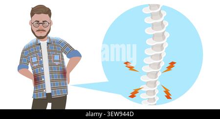 3D Isométrique plat illustration conceptuelle de l'homme avec des maux de dos, effets des habitudes nocives sur la colonne vertébrale humaine Banque D'Images