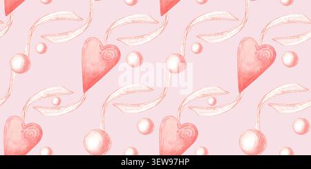 Coeurs roses, rubans et perles de perle motif sans couture diagonale sur fond rose. Aquarelle conception romantique pour les cartes de Saint-Valentin, emballage cadeau, tissu, Banque D'Images