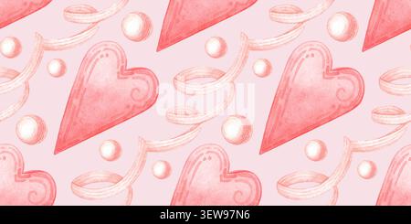 Coeurs roses, rubans et perles de perles motif sans couture sur fond rose. Aquarelle design romantique pour cartes de Saint-Valentin, emballage cadeau, tissu, papeterie Banque D'Images