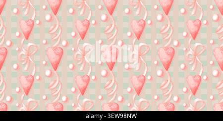 Coeurs roses, rubans et perles de perles motif vertical sans couture sur fond de menthe et de plaid rose. Aquarelle design romantique pour les cartes de Saint-Valentin, cadeau Banque D'Images