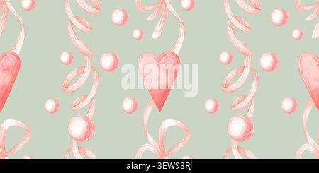 Coeurs roses, rubans et perles de perles motif vertical sans couture sur fond de menthe. Aquarelle conception romantique pour les cartes de Saint-Valentin, emballage cadeau, tissu, Banque D'Images