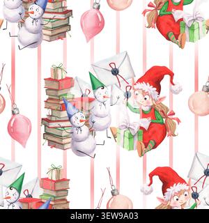 Motif Seamless Elf et bonhomme de neige de Noël Banque D'Images