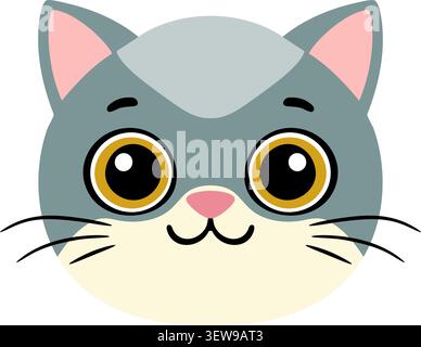 Une illustration plate d'un visage de chaton gris argenté avec de grands yeux ronds nez rose et une expression ludique. Illustration de Vecteur