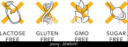 Icônes jaunes sans lactose en ligne fine avec signe de croix jaune. Sans sucre, sans gluten, sans OGM - ensemble d'élément de décoration d'emballage alimentaire Illustration de Vecteur