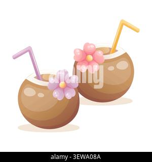 Illustration vectorielle de cocktails à la noix de coco avec des pailles Illustration de Vecteur