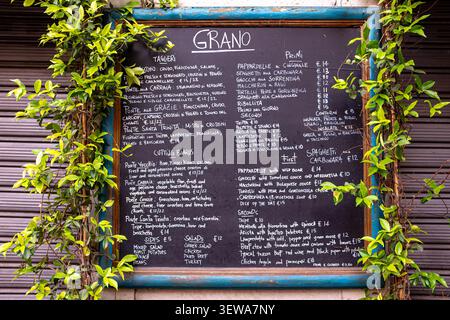 Menu de restaurant italien écrit à la main avec de la craie blanche sur un tableau noir avec des feuilles vertes et des plantes à Florence Italie Banque D'Images