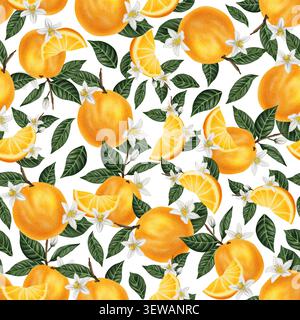 Un motif sans couture d'oranges entières et tranchées entourées de feuilles d'orange et de fleurs. Motif botanique aquarelle avec des fruits tropicaux. Banque D'Images