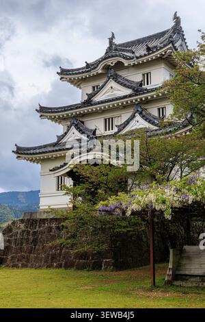 château d'Uwajima de la période Edo sous un ciel nuageux et atmosphérique avec un arbre de glycines blanc en fleurs Banque D'Images