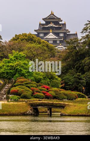 Château historique d'Okayama surplombant le jardin luxuriant de Korakuen avec un pont de pierre et des azalées en fleurs Banque D'Images