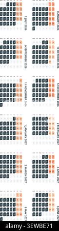 Anglais 2026-2027 vertical 2x6 Grid Professional Annual Calendar Clean Minimalist 12 Month Grid (compatible avec 2037-2038 et 2054-2055). Illustration de Vecteur