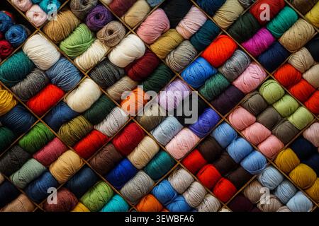 Un affichage de grille diagonale comporte des dizaines d'écheveaux de fil dans une grande variété de couleurs, y compris rouge, bleu, vert, jaune, orange, violet, rose, noir, Banque D'Images