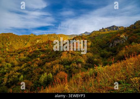Plan large d'un paysage montagneux au Kirghizistan en automne. Pentes couvertes de feuillage coloré avec des affleurements rocheux et un pois lointain enneigé Banque D'Images