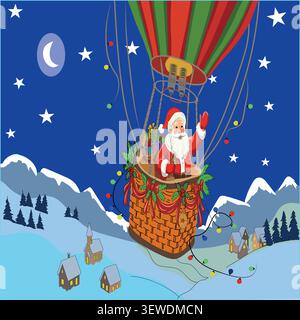 Santa Claus, illustration vectorielle de Noël Père Noël agitant d'une montgolfière au-dessus d'un paysage d'hiver enneigé la nuit. Illustration de Vecteur