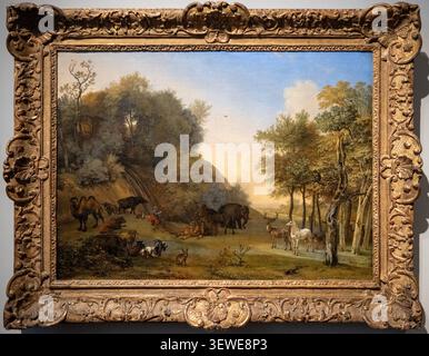 Amsterdam, pays-Bas - 15 avril 25 : peinture de paysage encadrée avec des animaux dans une clairière boisée exposée au Rijksmuseum, Amsterdam, pays-Bas. Banque D'Images