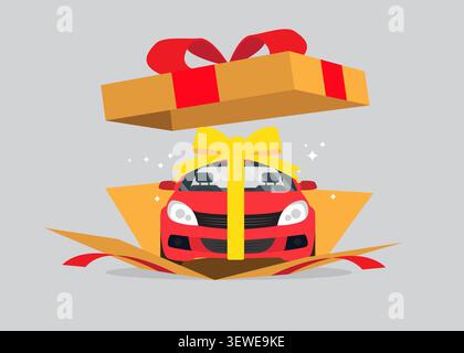Une voiture rouge est révélée à l'intérieur d'une boîte cadeau géante avec un arc jaune, représentant une surprise de luxe ou l'achat d'un véhicule. Illustration de Vecteur