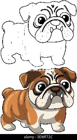 Un bouledogue anglais de dessin animé se dresse de profil, y compris une version colorée et dessin au trait Illustration de Vecteur