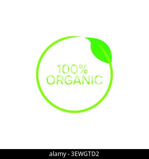 Un modèle de logo vectoriel ultra-minimaliste avec un badge rond vert mince intégré avec une seule feuille et un texte 100% organique pour un produit sain L. Illustration de Vecteur