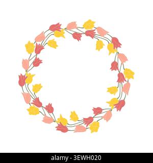 Rose et jaune ligne dessinée à la main tulipes fleurs couronne isolée sur blanc Illustration de Vecteur