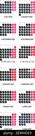 Anglais 2026-2027 vertical 2x6 grille avant Garde modèle de calendrier abstrait grille murale annuelle géométrique (compatible avec 2037-2038 et 2054-2055). Illustration de Vecteur