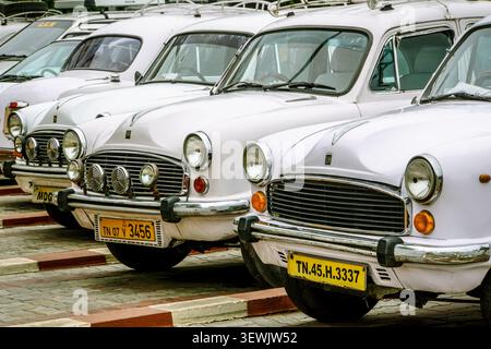 INDE, CHENNAI - 24 juin 2016 : un gros plan, à hauteur des yeux, capture l'avant de quatre voitures blanches de l'Hindustan Ambassador garées en diagonale, leur Banque D'Images