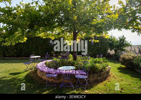 Coin salon de jardin violet sous un arbre à la lumière du soleil d'été Banque D'Images