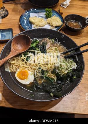 Un bol vapeur de soupe de nouilles pho vietnamiennes avec des nouilles tendres, des légumes verts frais, un œuf dur et un bouillon salé Banque D'Images