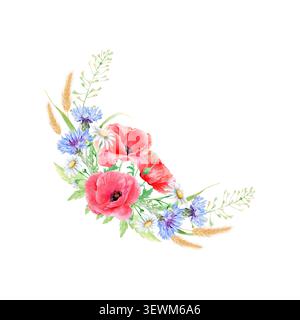 Coin floral aquarelle avec coquelicots rouges, bleus bleus bleus, marguerites à la camomille blanche et herbes sauvages. Élégant arrangement botanique isolé sur blanc Banque D'Images