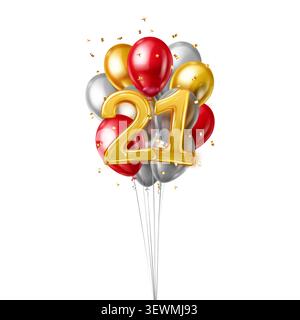 Un bouquet vibrant de ballons métalliques formant le numéro 21 sur un fond blanc propre, entouré de confettis étincelants. Illustration de Vecteur