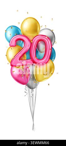 Bouquet de ballons en aluminium aux couleurs vives épelant le nombre 20 avec des accents or, rose, bleu et argent flottant vers le haut. Illustration de Vecteur
