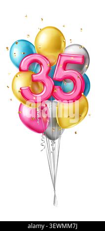 Les ballons en feuille de couleur vive épelant 35 se lèvent parmi divers ballons sphériques festifs, célébrant un anniversaire ou un jalon. Illustration de Vecteur