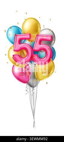 Ballons de feuille de couleur vive orthographiant 55 suspendu parmi divers ballons flottants festifs. Illustration de Vecteur