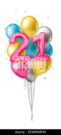 Les ballons en feuille de couleur vive orthographiant 21 se lèvent parmi diverses nuances de confettis jaune, bleu, or et argent. Illustration de Vecteur